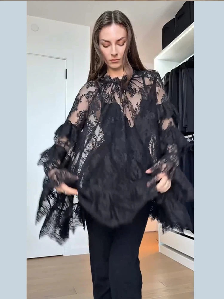 Lace See Through High Neck Long Sleeves A Line Mini Dress for Women