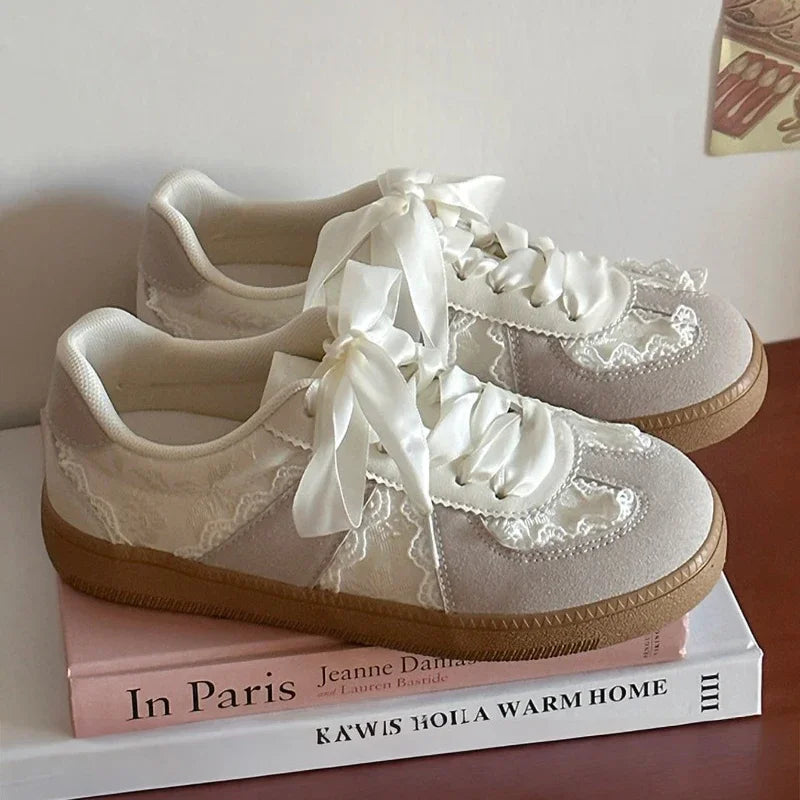 Cream French Lace Satin Ribbon Vintage Sneakers For Women
