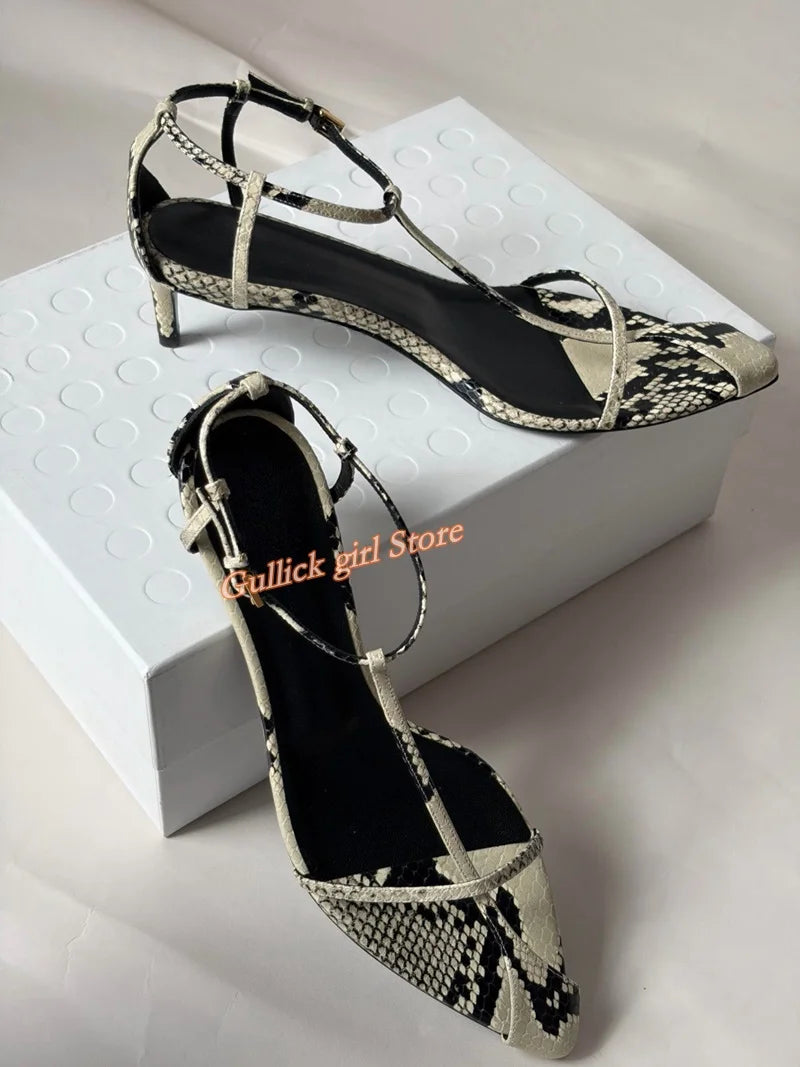 Snake Skin Kitten Heel Sandals T Strap Pointed Toe for Women