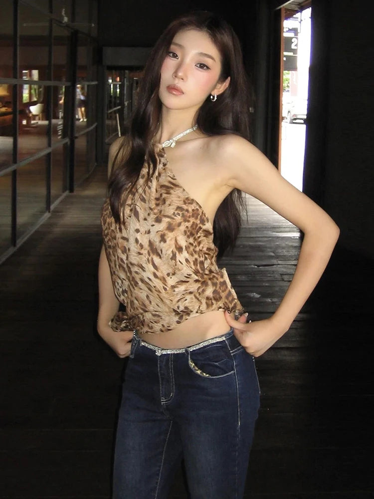 Backless Lace-Up Leopard Halter Top