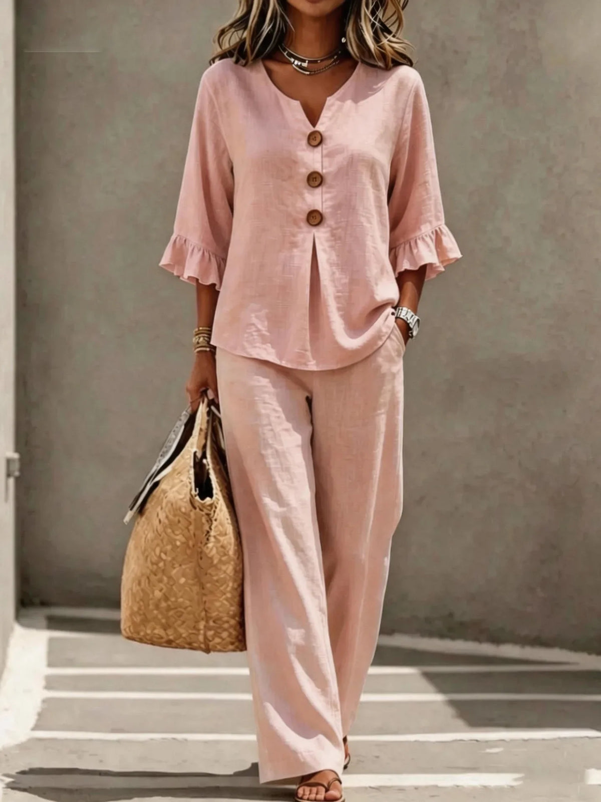 V-Neck Ruffled Two-Piece Top and Wide-Leg Pants Set for Women