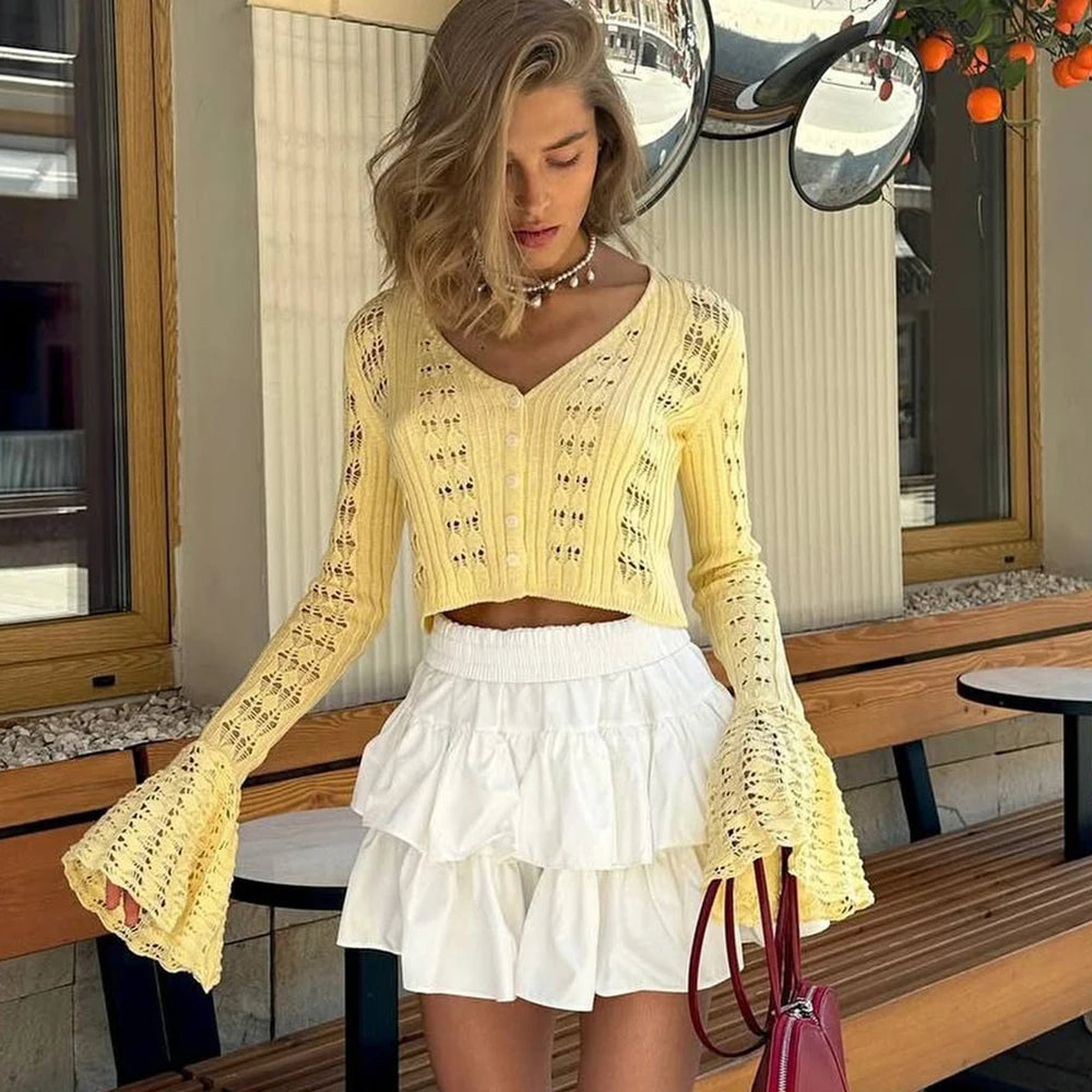 Autumn Knitted Cardigan Female Solid V-Neck Hollow Out Short Knitted Top Fashion Casual Loose Commuter Female T-Shirt