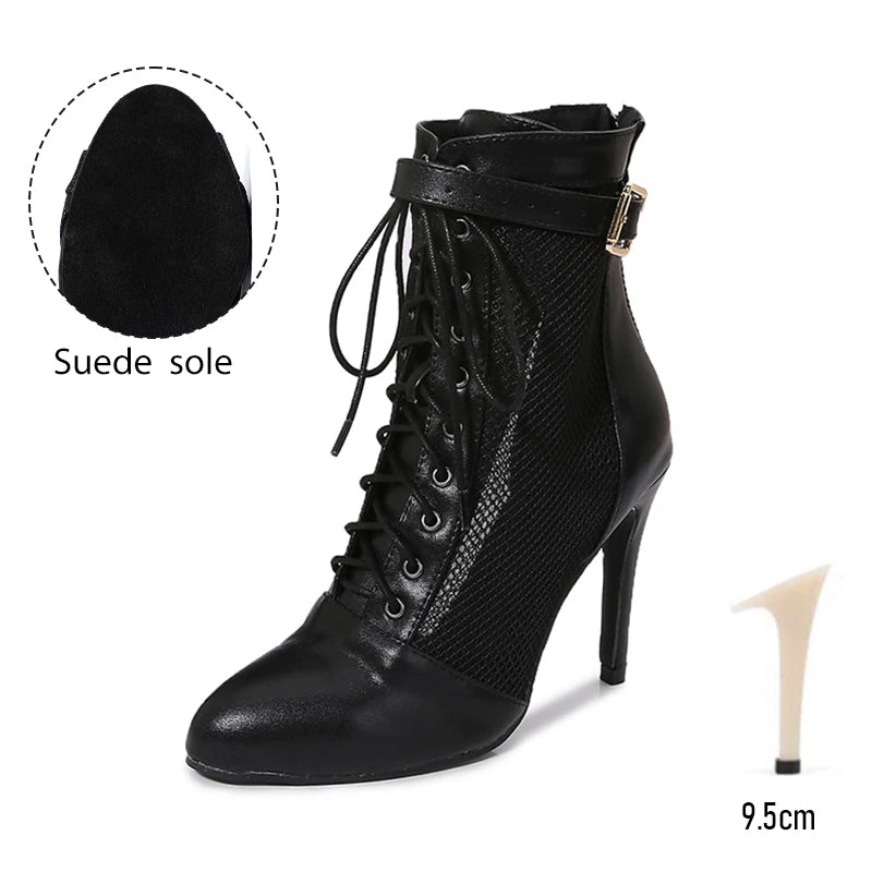 Black Mesh Latin Dance Booties With High Heels for Women