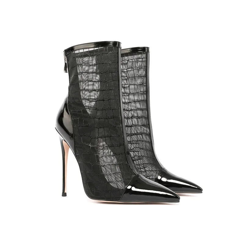 Elegant Black Mesh Stiletto Ankle Boots With Pointy Toe Rear Zipper For Women