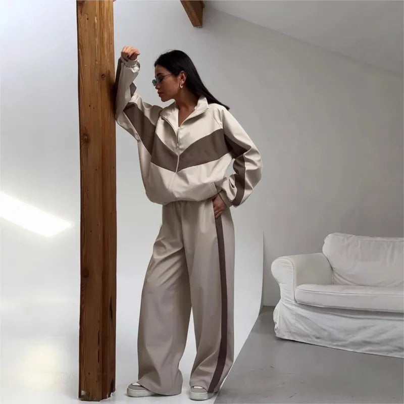Casual Contrast Color Zipper Tracksuit Set for Women