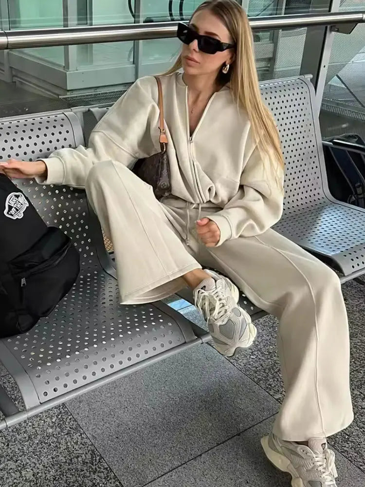 Fall Retro Zip Bomber Jacket Two Piece Set for Women