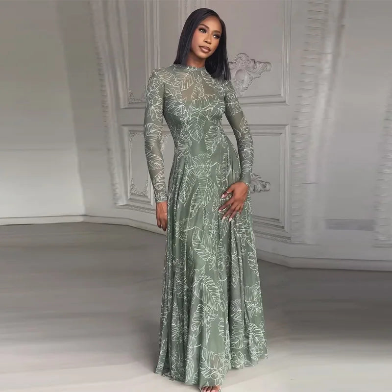 Beach Print Pleated Long Sleeve Maxi Dress for Women