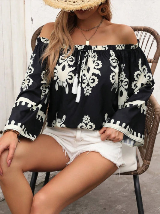 Fashionable Spring Summer Striped Floral Print Split Sleeve Shirt Elegant Casual Women's Top