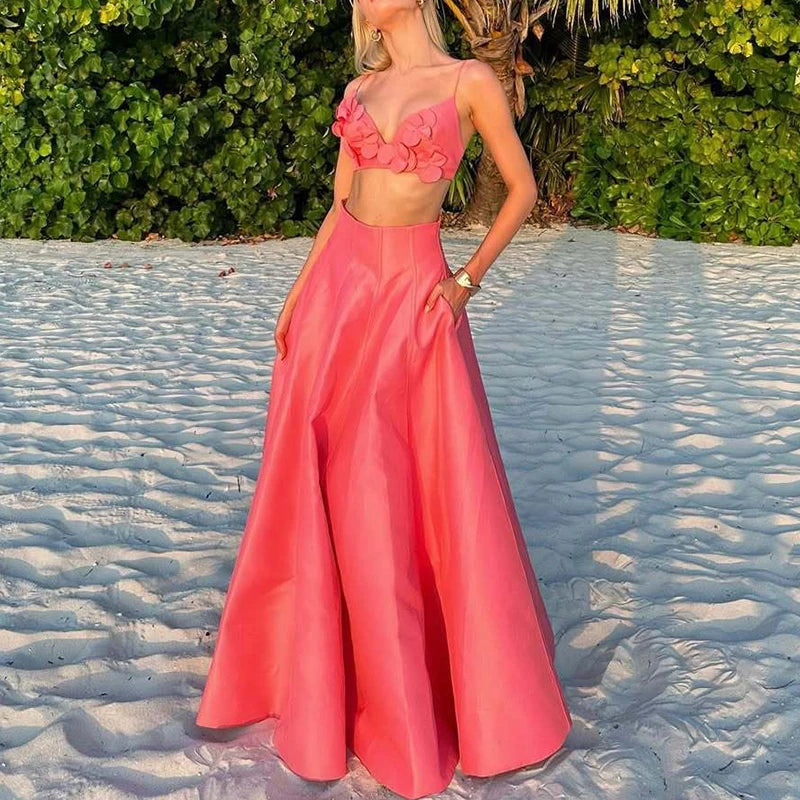 Pleated Hollow Out Crop Top And Long Skirt Set for Women
