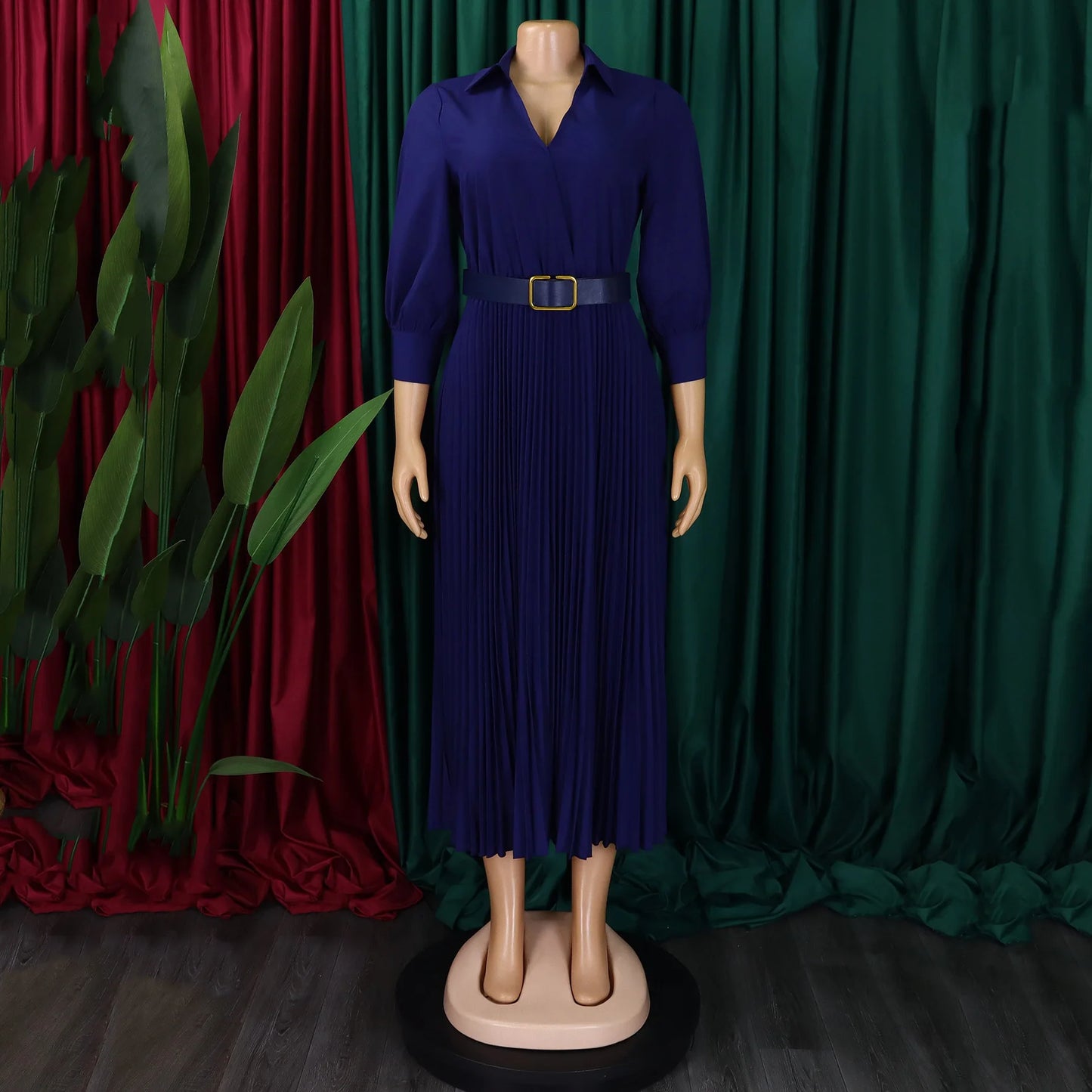 Elegant Office Dresses for Women Pleated Deep V Neck Full Sleeve Belt Waisted Ankle Length African Business Work Wear Dress New