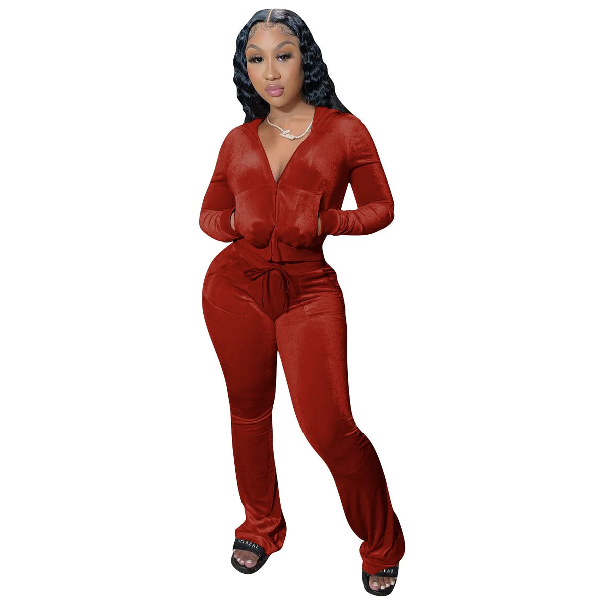 Hooded Zip Top And High Waist Pants Outfit Set for Women