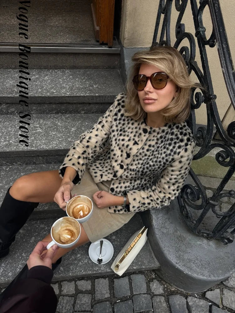 Leopard Print Faux Fur Single Breasted Crop Jacket for Women