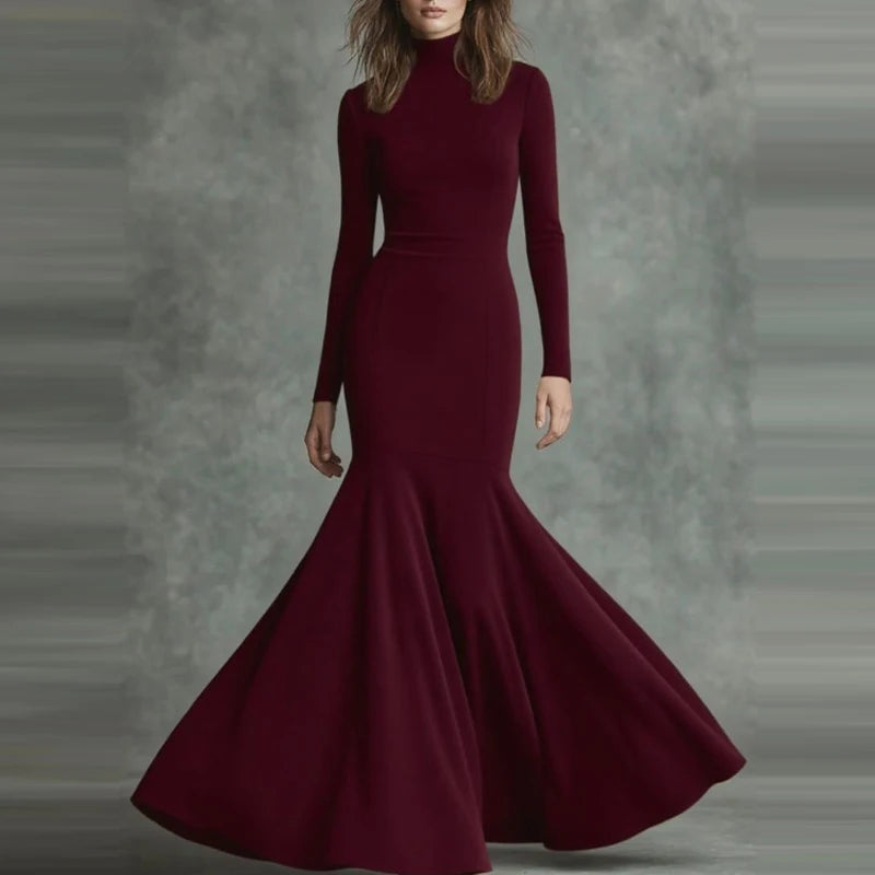 Casual Long Sleeve Women's Long Dresses Fashion Turtleneck Solid Fishtail Dress Elegant Hight Waist Pleated Slim Fit Party Dress