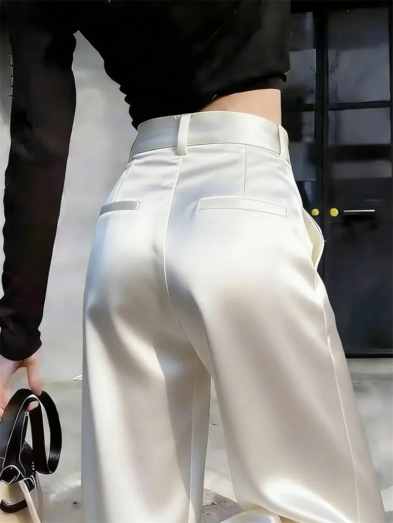 High Waist Solid Color Satin Wide Leg Trousers For Women