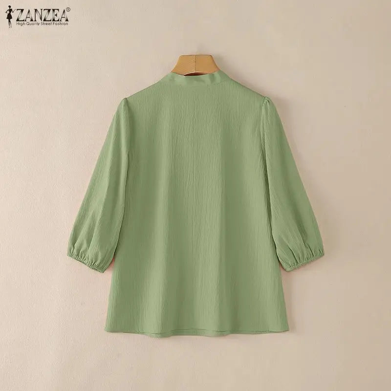 Crinkled Bow Tie Neck Puff Sleeve Blouse for Women