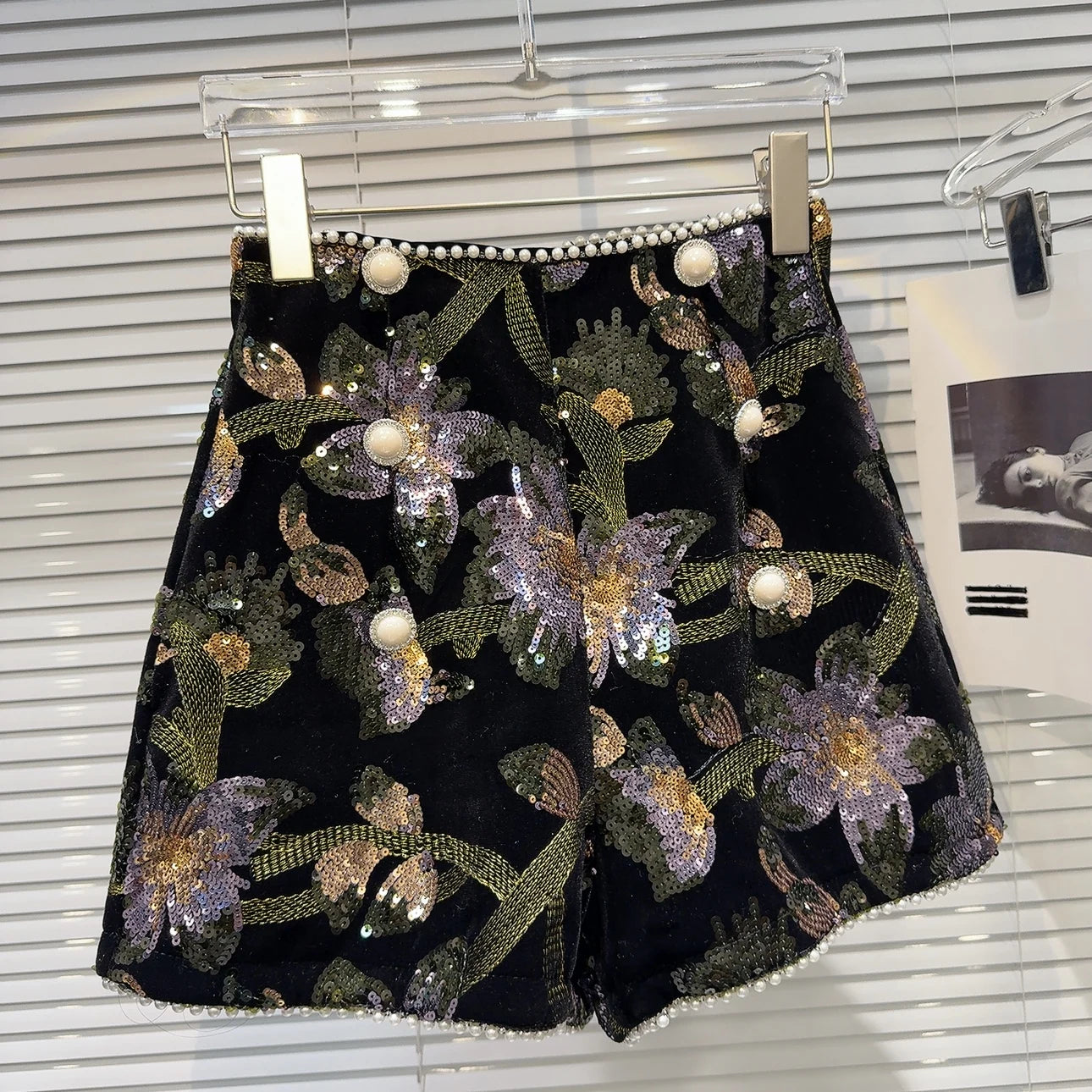 Sequined Embroidered Velvet Shorts