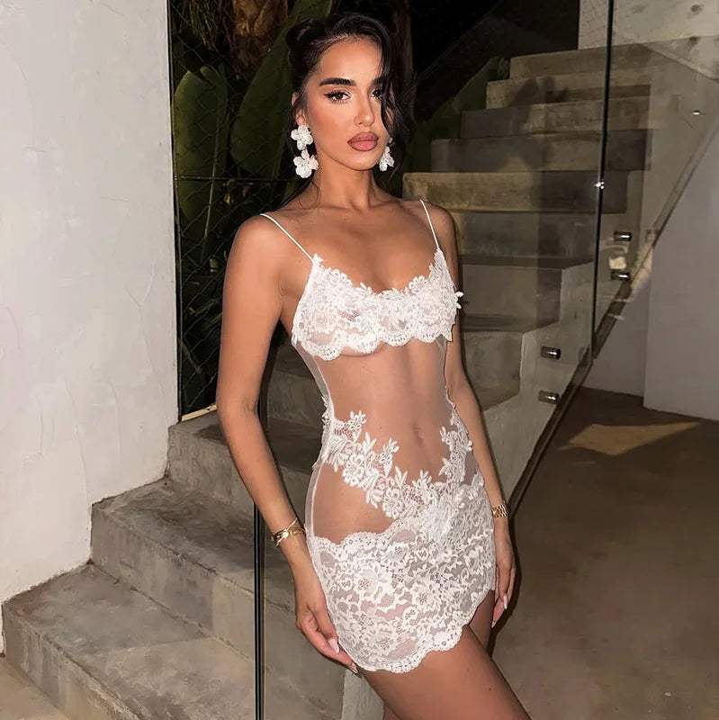 Sexy Sheer High Waist Lace Patchwork Dress for Women