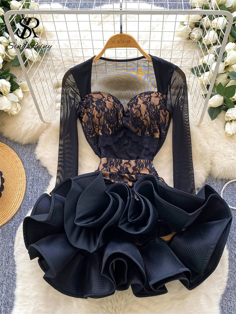 Floral Lace Mesh Bodysuit and Ruffle Mini Skirt Set for Women