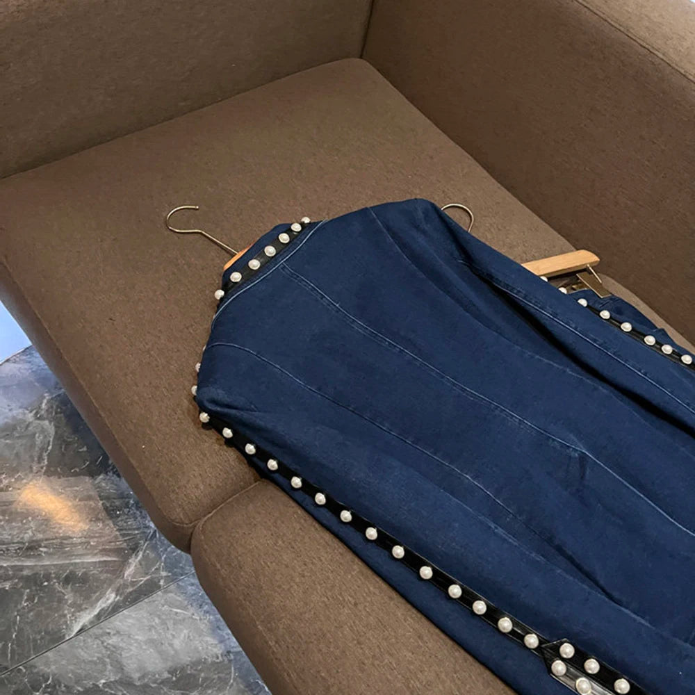 TWOTWINSTYLE Blue Denim Pearl Embellished Suit for Women Tailored Blazer Flared Pants Two Piece Set for Fashion Shows KSE559320