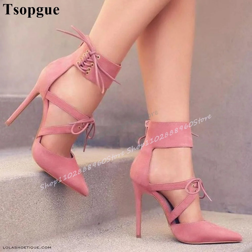 Stylish Pink Flock Cross Tied Sandals Thin High Heel Shoes For Women Back Zipper Pointed Toe 2025 Fashion Zapatos Para Mujere