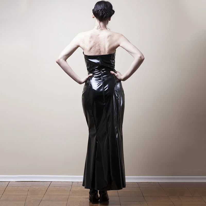 Strapless Black Mermaid Faux Leather Evening Gown for Women