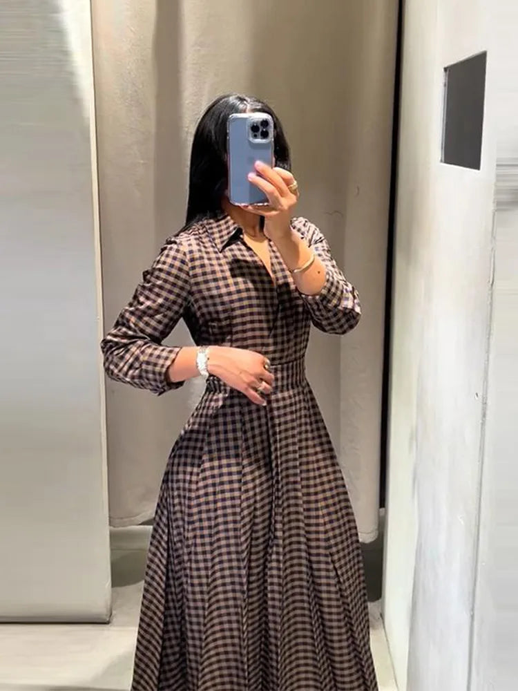 Elegant Plaid Women's Long Dresses Loose Tie Up Bow Laple Full Sleeve A-line Dress For Woman 2026 Spring New Lady Party Robes