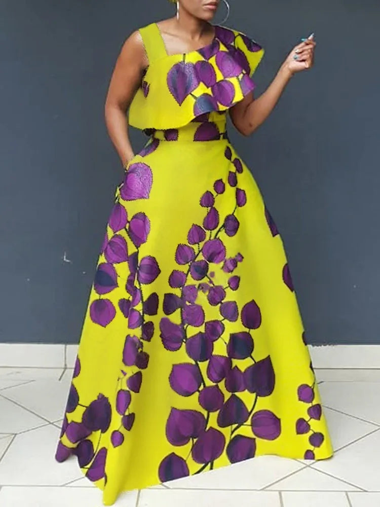 UOOZEE Women's One Shoulder Leaf Printed A-Line Dress 2025 New Sleeveless Asymmetric Collar Elegant Party Evening Maxi Dresses