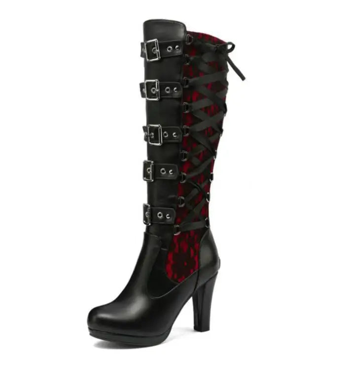 Lace Up Chunky High Heel Mid Calf Boots for Women