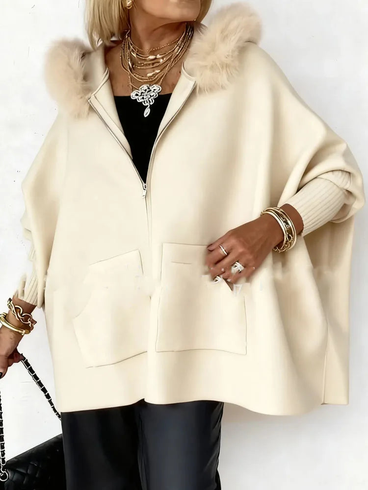 Elegant Fluffy Splicing Solid Loose Sweater Coat Autumn Winter Women Casual Knit Jacket Fashion Zip Long Sleeve Hooded Outercoat