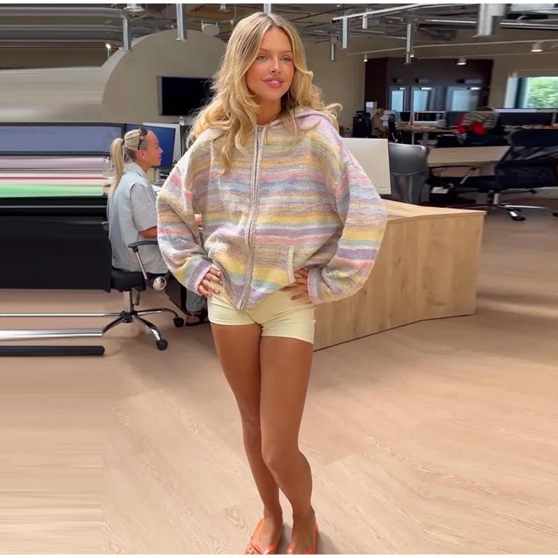 Colorful Rainbow Stripe Hooded Knit Cardigan for Women