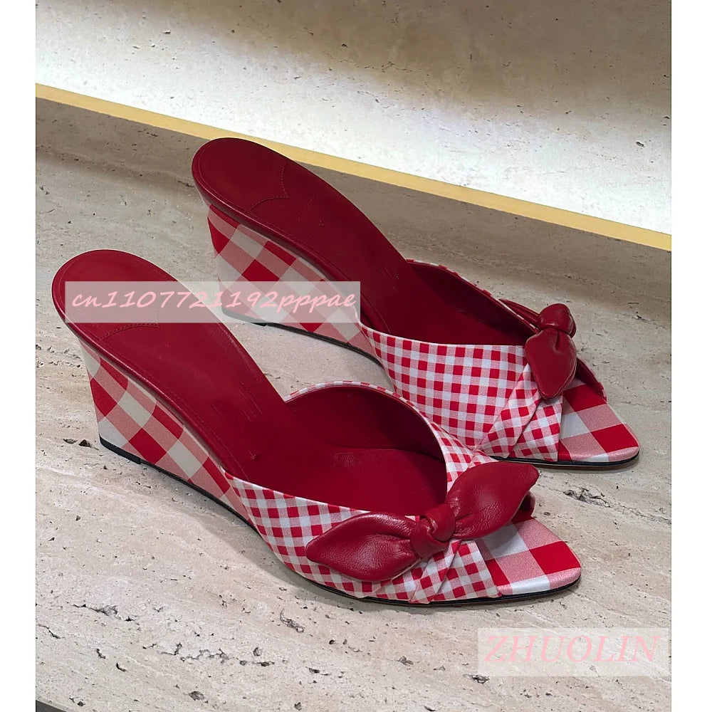 Gingham Check Leather Bow Open Toe Wedge Mules for Women