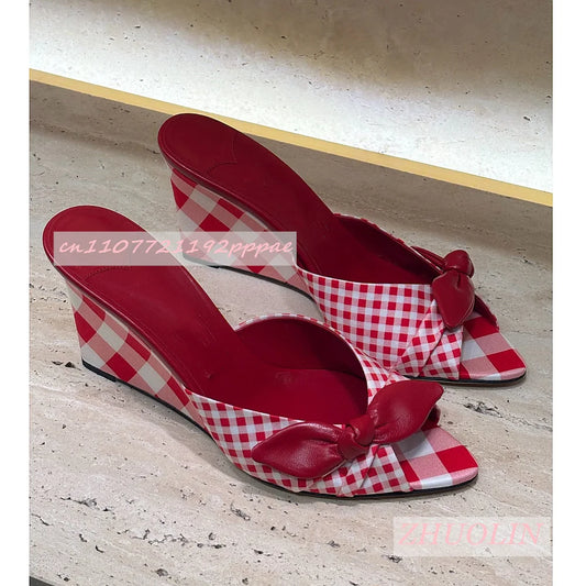 Gingham Check Bow Wedge Mules