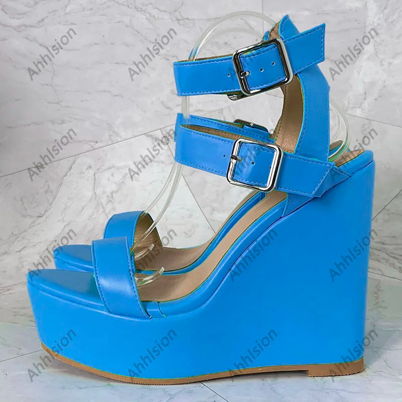 Yellow Open Toe Buckle Platform Wedge Sandals For Women