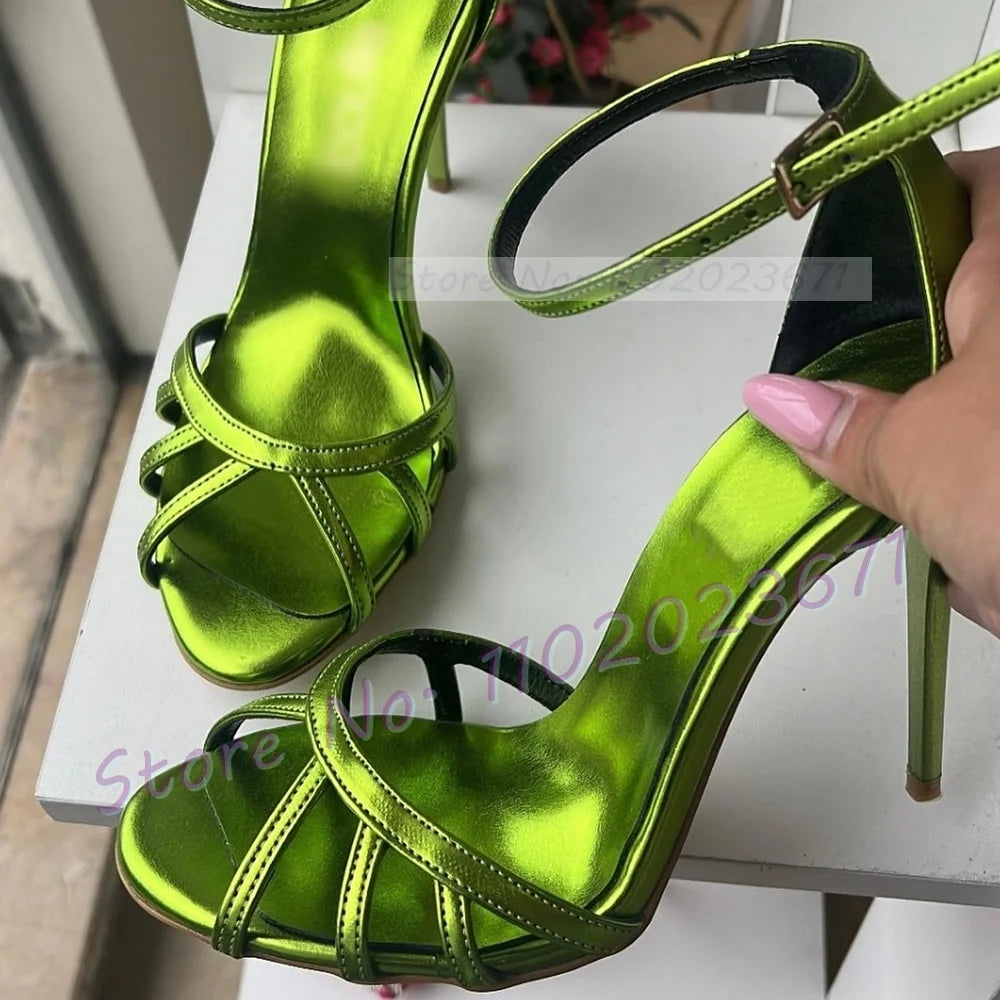 Metallic Green Open Toe Cross Strap Sandals for Women