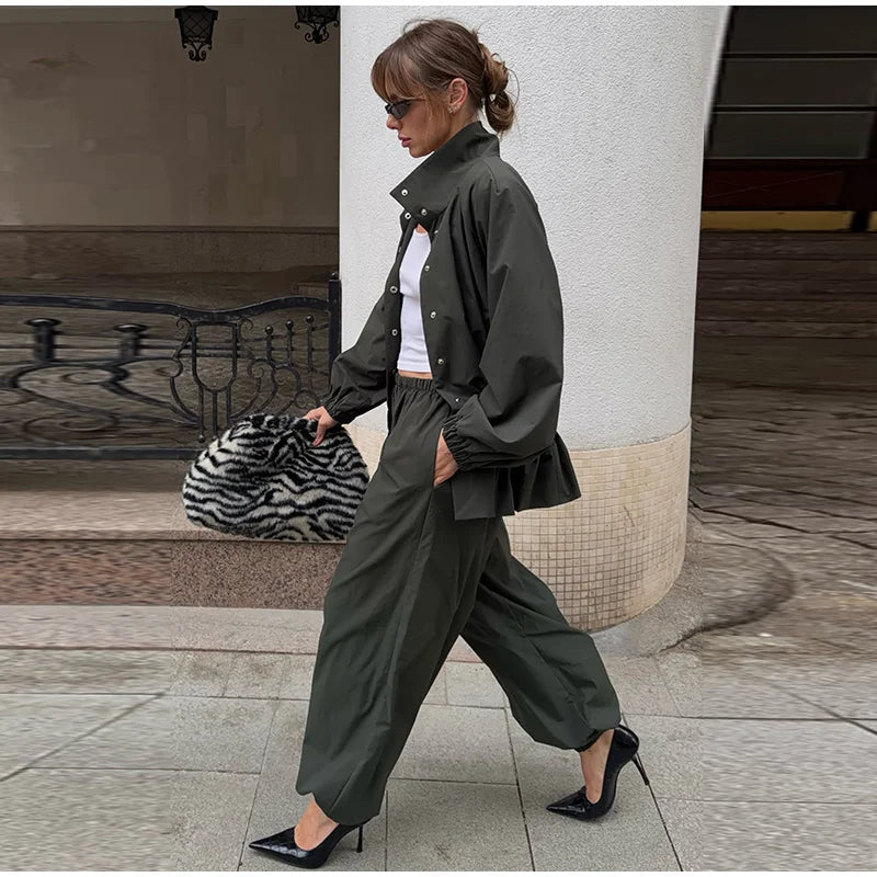Ruffle Hem Jacket and Jogger Pants Two Piece Set for Women