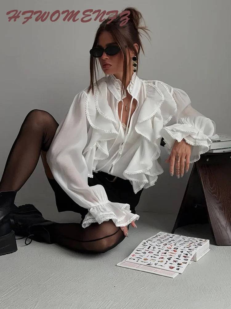 Elegant Long Sleeve Cascading Ruffle Blouse for Women