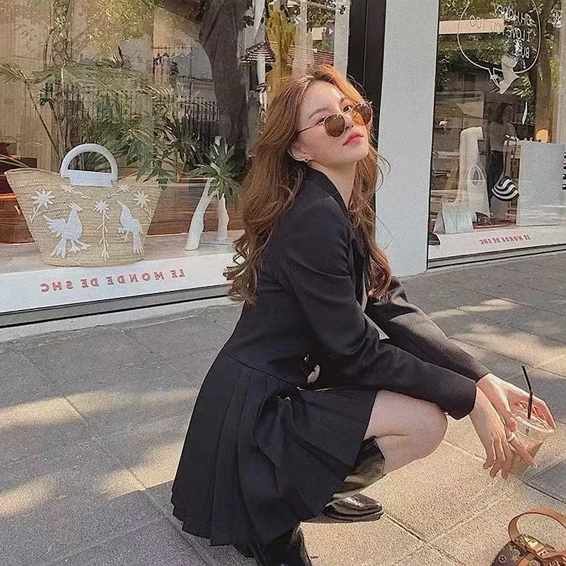 Elegant Double-Breasted Suit Dress Skirt Style Polyester Fiber Full Sleeve Regular Neckline Empire Waist Midi Length Dress