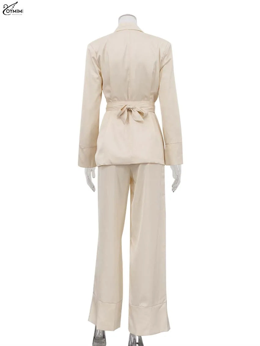 Oymimi Elegant Apricot 2 Piece Sets Women Outfit Fashion Long Sleeve Lace-Up Shirts And High Waist Straight Simple Trousers Sets