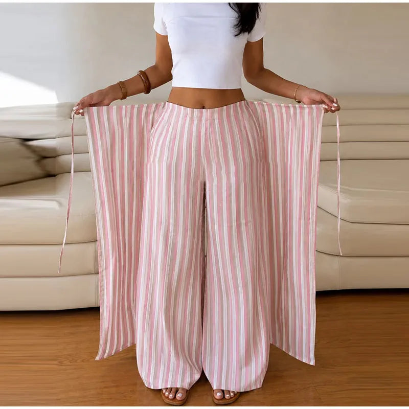 Pink And White Striped Wide Leg Pants With Sash Belt for Women