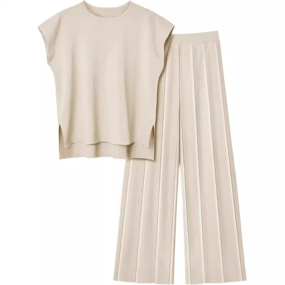Summer Soft Knit Sleeveless Vest and Wide Leg Pants Set for Women