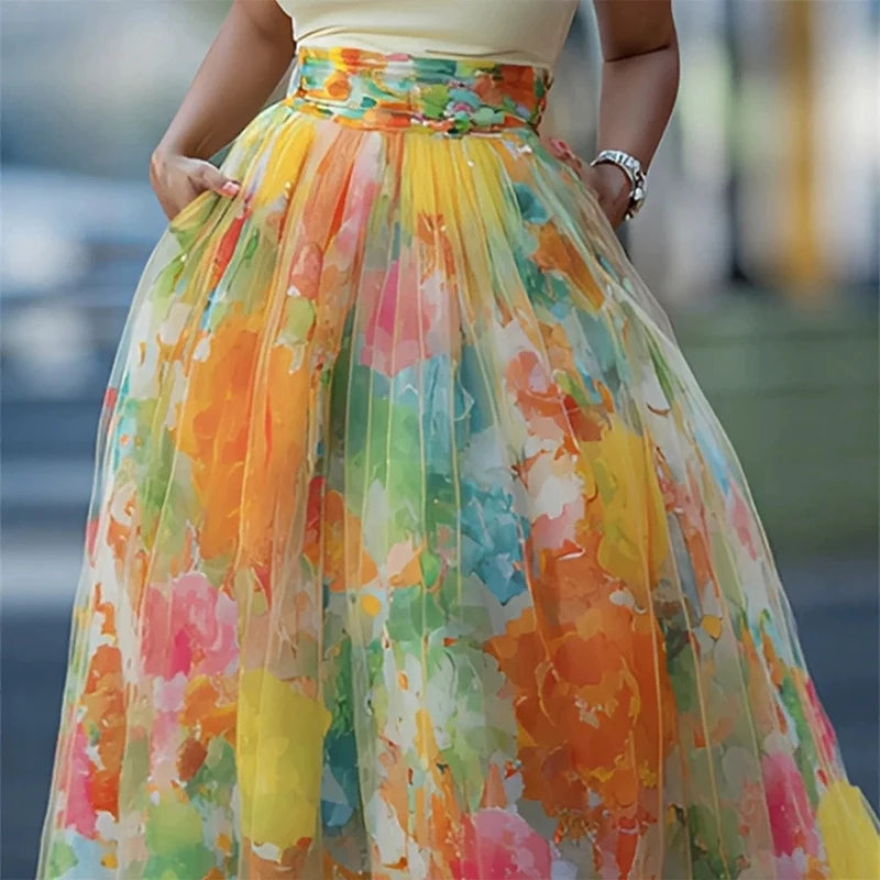 Floral Pleated High Waist A Line Midi Skirt for Women