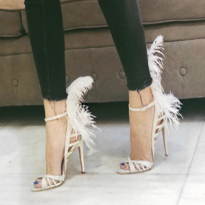Feather Trim Sequin Ankle Stiletto Heels for Women