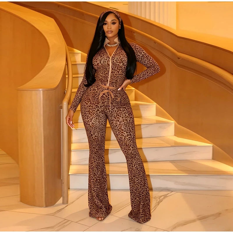 Leopard Print Stand Collar Casual Two Piece Set For Women
