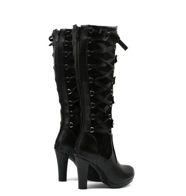 Lace Up Chunky High Heel Mid Calf Boots for Women