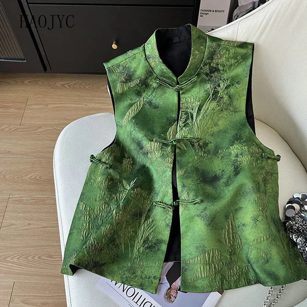 Green Chinese Style Embroidered Vest With Buckle for Women