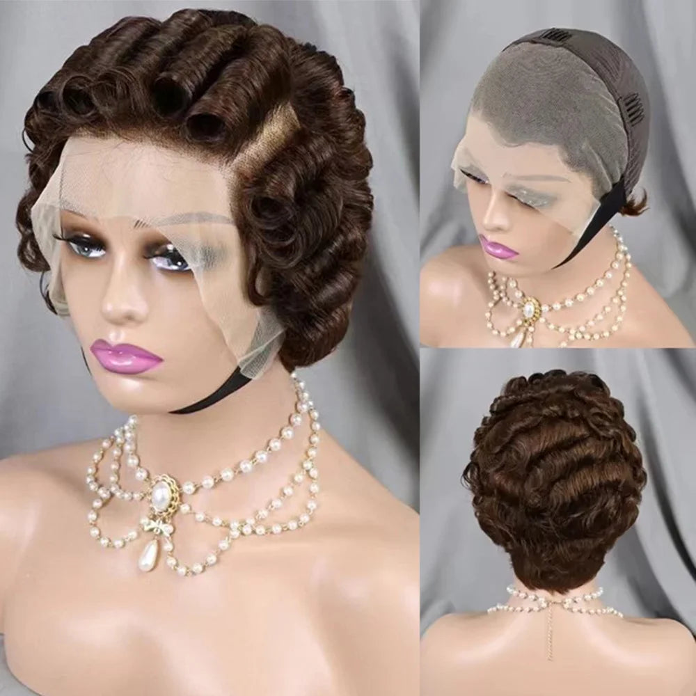 Chocolate Brown Pixie Cut Lace Front Human Hair Wig for Women