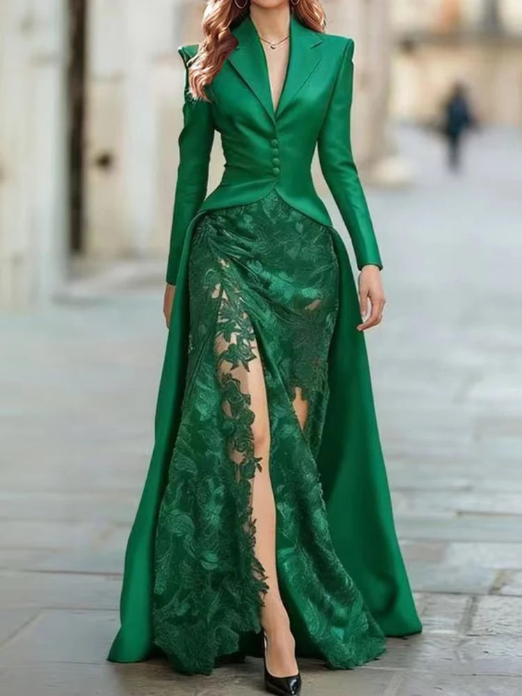 Winter Elegant Lace Patchwork Occasion Set Sexy V-neck Button Top & Long Skirt Suit Casual Long Sleeve Solid Slim Party Outfits