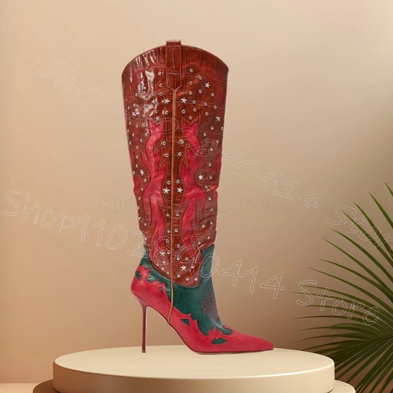 Pointed Toe Star Rivet Side Zipper High Heel Boots For Women