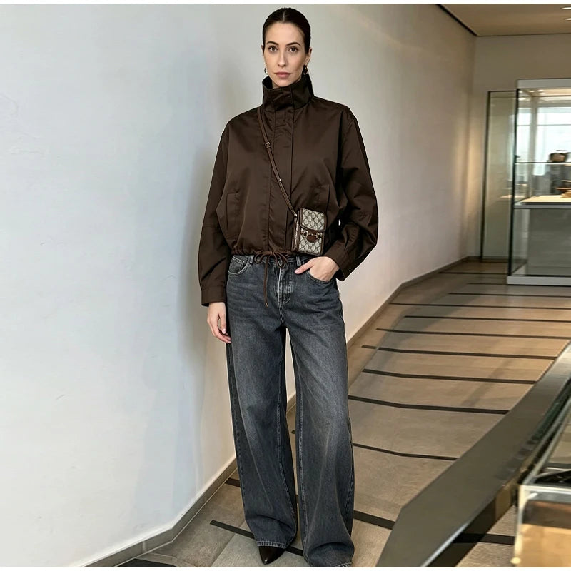 Casual Solid Jacket With Stand Collar And Pockets for Women