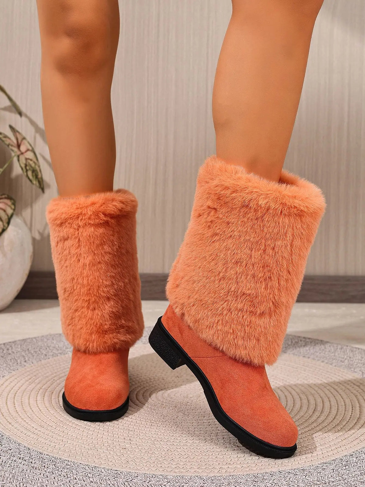 Plush Faux Fur Slip On Mid Calf Winter Snow Boots For Women